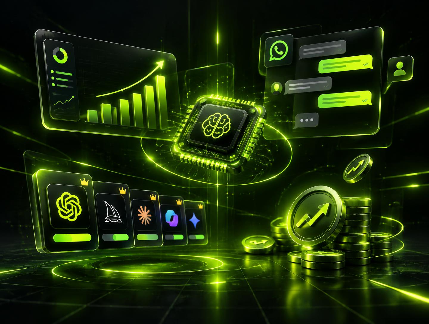 AI tools business dashboard visual with revenue charts and AI tools